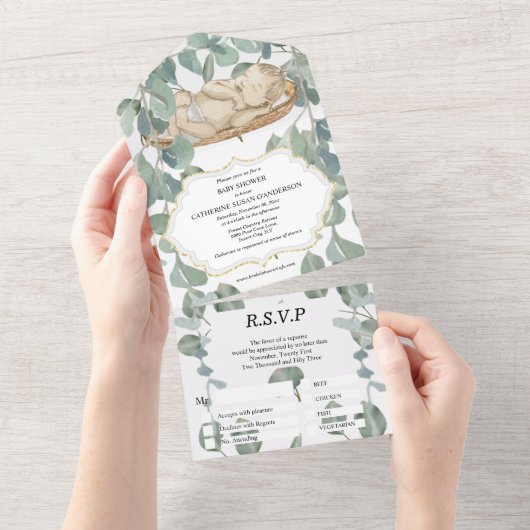 ブライダルシャワーユーカリ緑葉ベビー全部 オールインワン招待状 (貼ってはがせる)