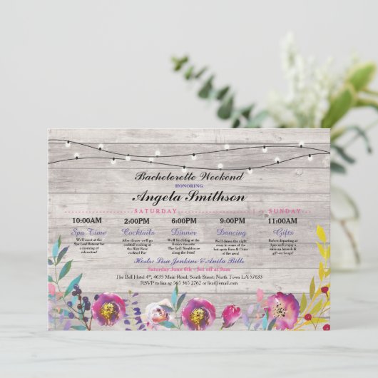 ブライダルシャワーライト花の旅程の木製のヴィンテージ 招待状 (スタンド正面)