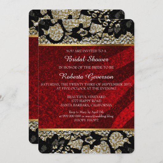 ブライダルシャワーラグジュアリー金ゴールドレッドブラックレースススパークリー 招待状 (正面/裏面)
