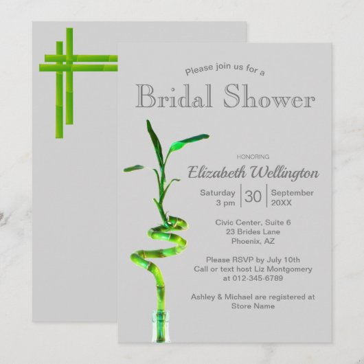 ブライダルシャワーラッキーバンブーオーバーシルバーグレー 招待状 (正面/裏面)