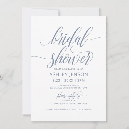 ブライダルシャワーラックスカリグラフィダスティブルーフローラ 招待状 (正面)