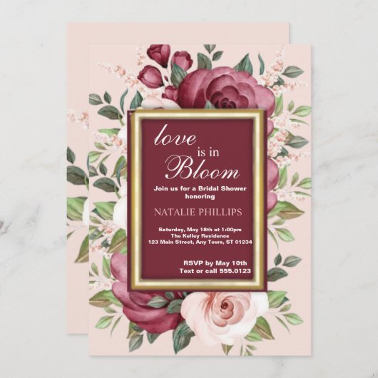 ブライダルシャワーラブイン開花ホワイトピンクバーガンデーフロル 招待状 (正面/裏面)