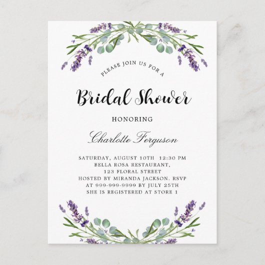 ブライダルシャワーラベンダーユーカリ花模様 インビテーションポストカード (正面)