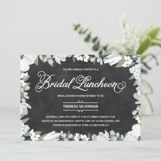 ブライダルシャワーランチ白黒エレガントフローラ 招待状 (スタンド正面)