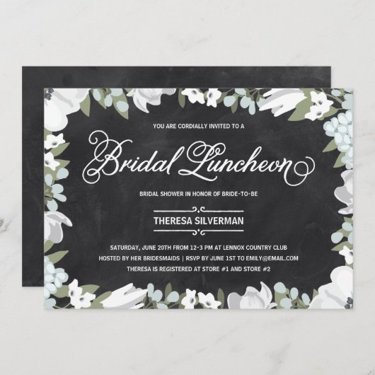 ブライダルシャワーランチ白黒エレガントフローラ 招待状 (正面/裏面)