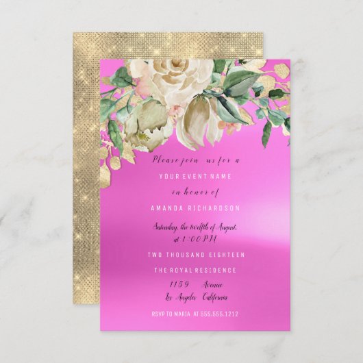 ブライダルシャワーラン絵を描クピンク花水色 招待状 (正面/裏面)