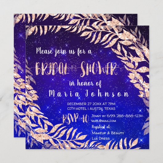 ブライダルシャワーリースバラ金ゴールドスカイスターズインディゴ 招待状 (正面/裏面)
