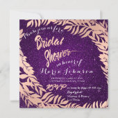 ブライダルシャワーリーフグリッターバラ金ゴールドバイオレットプル 招待状 (正面)