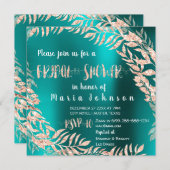 ブライダルシャワーリーフラウラスグリッターバラ金ゴールドティール(緑がかった色) 招待状 (正面/裏面)