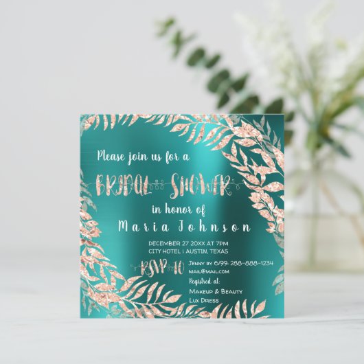 ブライダルシャワーリーフラウラスグリッターバラ金ゴールドティール(緑がかった色) 招待状 (スタンド正面)