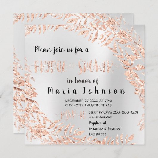 ブライダルシャワーリーフレースグリッターピンクローズシルバー 招待状 (正面/裏面)