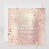 ブライダルシャワーリーフレースグリッターピンクローズ金ゴールド 招待状 (正面)