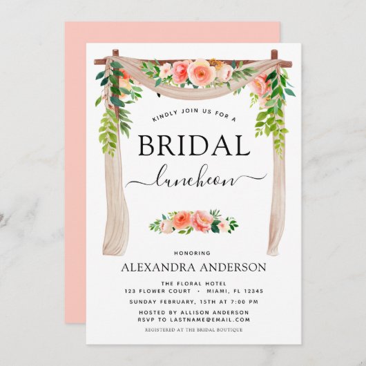 ブライダルシャワールンチョンコーラルピーチフローラアーチ 招待状 (正面/裏面)