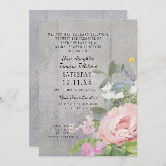 ブライダルシャワールンチ素朴ョンエレガントフローラ牡丹 招待状 (正面/裏面)