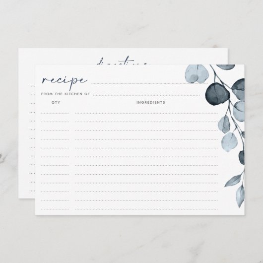 ブライダルシャワーレシピカードブルーグレーの葉 (正面/裏面)