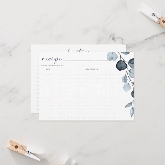 ブライダルシャワーレシピカードブルーグレーの葉 (正面/裏面インサイチュ)