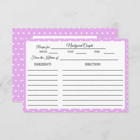 ブライダルシャワーレシピカードホワイト水玉模様ラベンダー 出欠カード (正面/裏面)