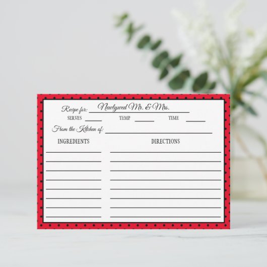 ブライダルシャワーレシピカード水玉模様赤と黒 出欠カード (スタンド正面)