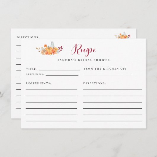 ブライダルシャワーレシピカード秋パンプキン秋 エンクロージャーカード (正面/裏面)