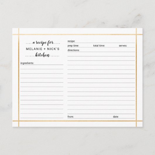ブライダルシャワーレシピカード、シンプル金ゴールド枠 ポストカード (正面)