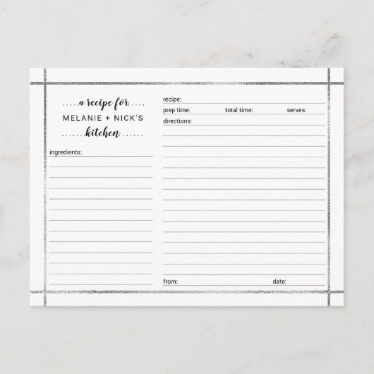 ブライダルシャワーレシピカード、シンプル銀枠 ポストカード (正面)