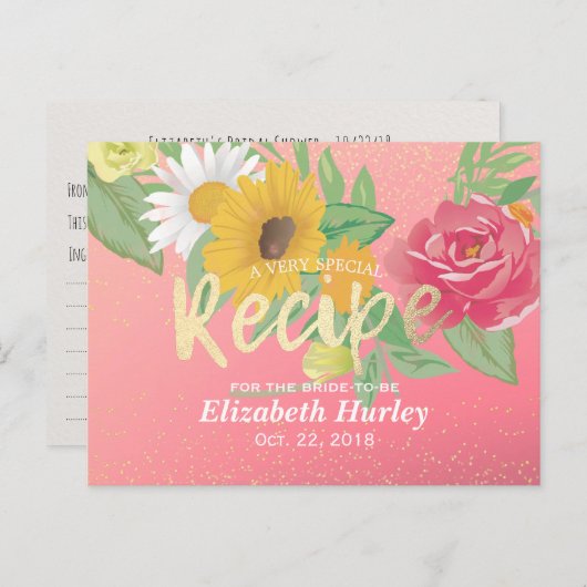 ブライダルシャワーレシピバラフラワーピンク金ゴールドグリッター インビテーションポストカード (正面/裏面)