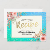 ブライダルシャワーレシピピンクフローラティール（緑がかった色）&金ゴールドポルカ インビテーションポストカード (正面/裏面)