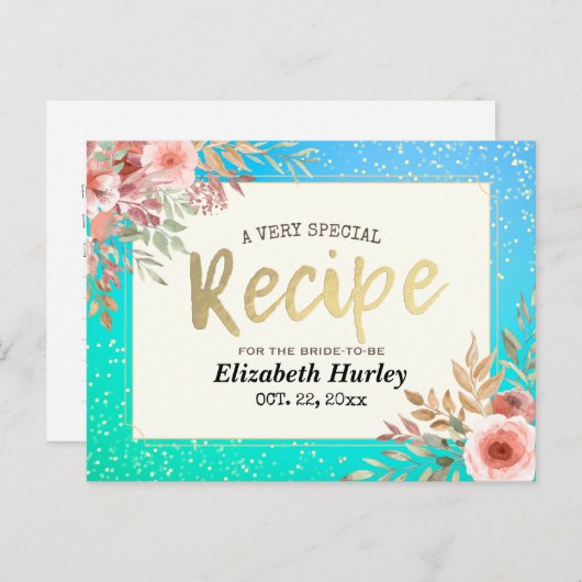 ブライダルシャワーレシピピンクフローラティール(緑がかった色)&金ゴールドポルカ インビテーションポストカード (正面/裏面)