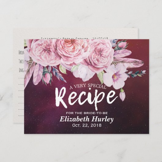 ブライダルシャワーレシピフローラフェザーブルガンディレッド インビテーションポストカード (正面/裏面)