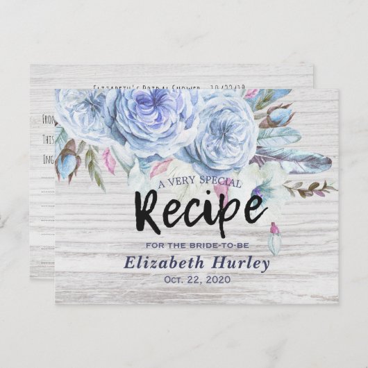 ブライダルシャワーレシピボホフラワーズフェザーウッド インビテーションポストカード (正面/裏面)