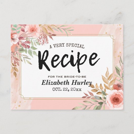 ブライダルシャワーレシピモダンエレガントピンクの花 インビテーションポストカード (正面)