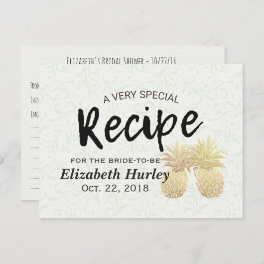 ブライダルシャワーレシピヴィンテージ金ゴールドパイナップルカップル インビテーションポストカード (正面/裏面)