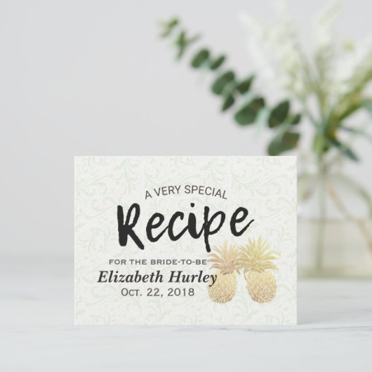 ブライダルシャワーレシピヴィンテージ金ゴールドパイナップルカップル インビテーションポストカード (スタンド正面)