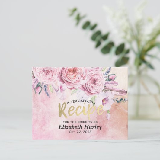 ブライダルシャワーレシピ水の色フローラと羽毛 インビテーションポストカード (スタンド正面)