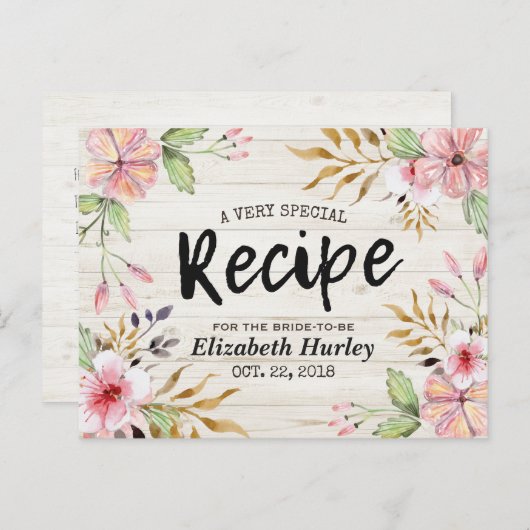 ブライダルシャワーレシピ水彩花素朴木 インビテーションポストカード (正面/裏面)