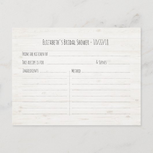 ブライダルシャワーレシピ水彩花素朴木 インビテーションポストカード (裏面)