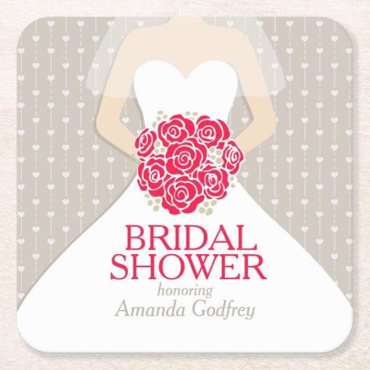 ブライダルシャワーレッドホワイトドレスカスタムコースター スクエアペーパーコースター (正面)