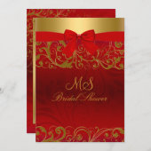 ブライダルシャワーレッド金ゴールドスワールとボウのアナウンス 招待状 (正面/裏面)