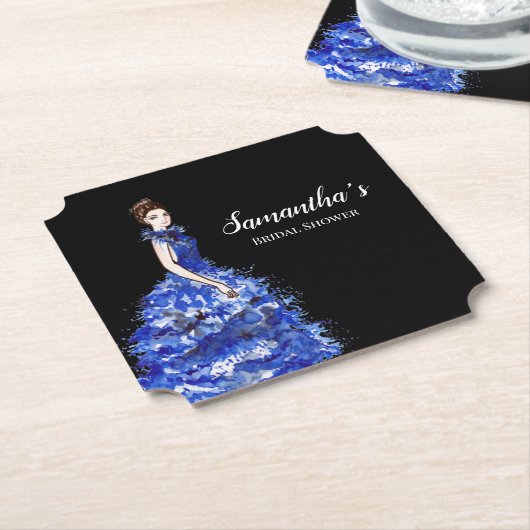 ブライダルシャワーレディーズウィズスパークリーブルーガウンファッション ペーパーコースター (アングル)