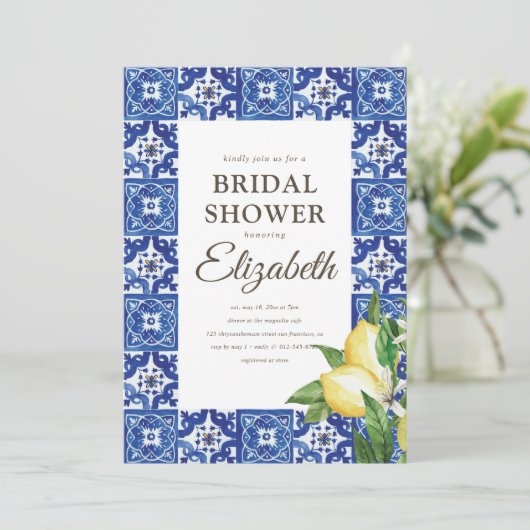 ブライダルシャワーレモンの葉の地中海のタイル 招待状 (スタンド正面)