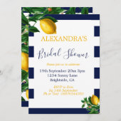 ブライダルシャワーレモンズネイビーホワイトストライプエレガント 招待状 (正面/裏面)