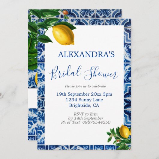 ブライダルシャワーレモンズブルーホワイトトスカーナタイル 招待状 (正面/裏面)