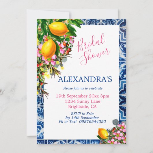 ブライダルシャワーレモンフローラブルーホワイトタイル 招待状 (正面)
