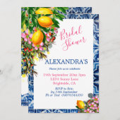 ブライダルシャワーレモンフローラブルーホワイトタイル 招待状 (正面/裏面)