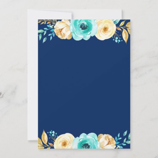 ブライダルシャワーロマンチックネイビーブルーティール（緑がかった色）金ゴールドフローラ 招待状 (裏面)