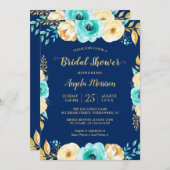 ブライダルシャワーロマンチックネイビーブルーティール(緑がかった色)金ゴールドフローラ 招待状 (正面/裏面)