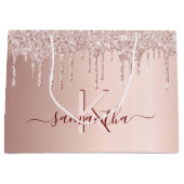 ブライダルシャワーローズゴールドグリッター ピンクのモノグラム ラージペーパーバッグ (正面)