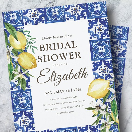 ブライダルシャワーヴィンテージの葉の青地中海の インビテーションポストカード