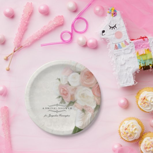 ブライダルシャワーヴィンテージイングリッシュローズブーケダマスク ペーパープレート (パーティー)