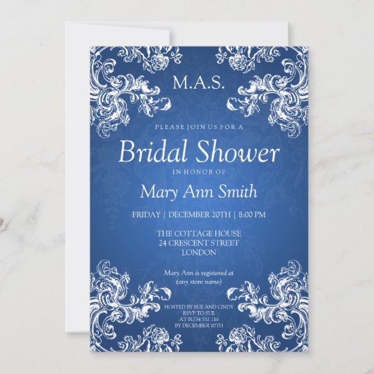 ブライダルシャワーヴィンテージエレガントが2つのサファイアを旋回 招待状 (正面)